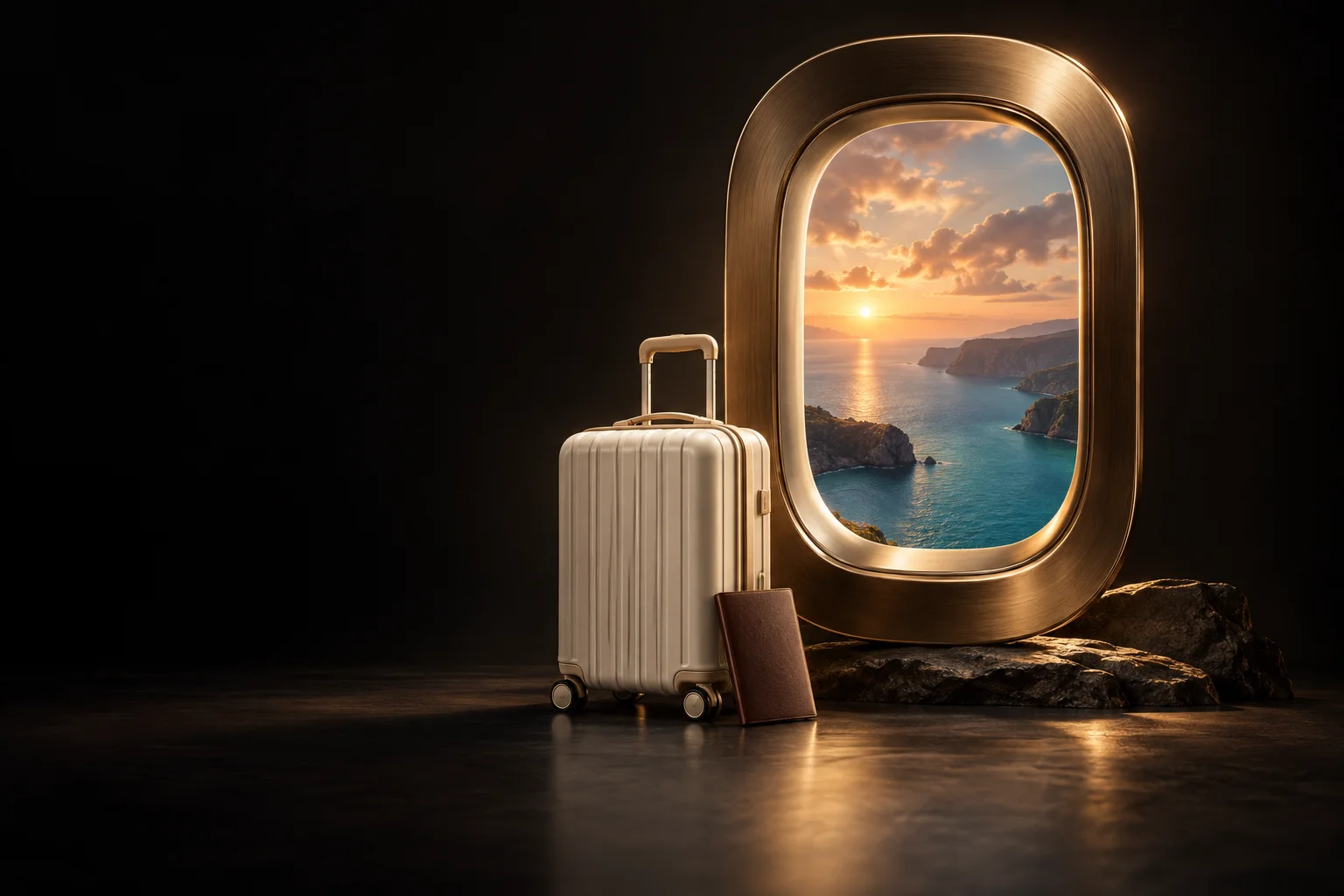 A bronze aircraft window overlooking a turquoise coast, with an ivory suitcase
